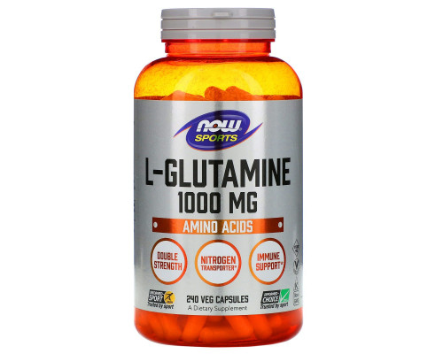 L-глютамин, L-Glutamine, Now Foods, Sports, двойной силы, 1000 мг, 240 вегетарианских капсул