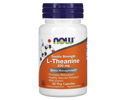 L-теанин, L-Theanine, Now Foods, двойная сила, 200 мг, 60 вегетарианских капсул