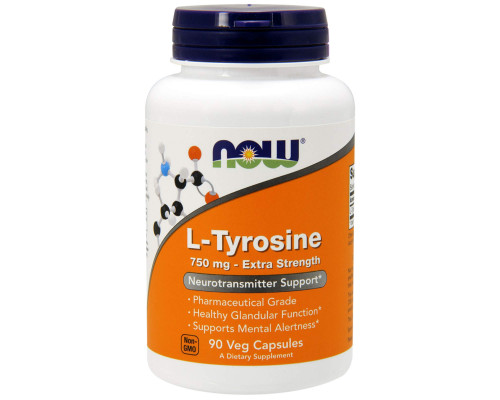 Тирозин, L-Tyrosine, Now Foods, дополнительная сила, 750 мг, 90 вегетарианских капсул