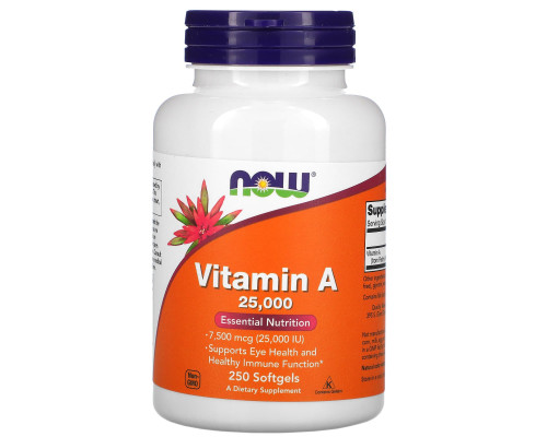Витамин А, Vitamin A, Now Foods, 7500 мкг (25000 МЕ), 250 гелевых капсул