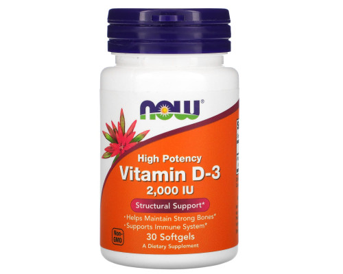 Витамин D-3, Vitamin D-3, Now Foods, высокоэффективный, 50 мкг (2000 МЕ), 30 гелевых капсул