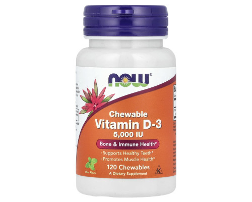 Витамин D-3, Vitamin D-3, Now Foods, вкус мяты, 5000 МЕ, 120 жевательных таблеток