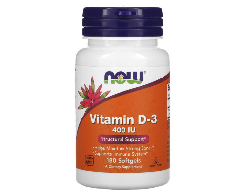 Витамин D3, Vitamin D-3, Now Foods, структурная поддержка, 10 мкг (400 МЕ), 180 гелевых капсул