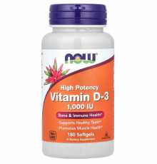 Витамин D-3, Vitamin D-3, NOW Foods, высокоэффективный, 1000 МЕ, 180 гелевых капсул