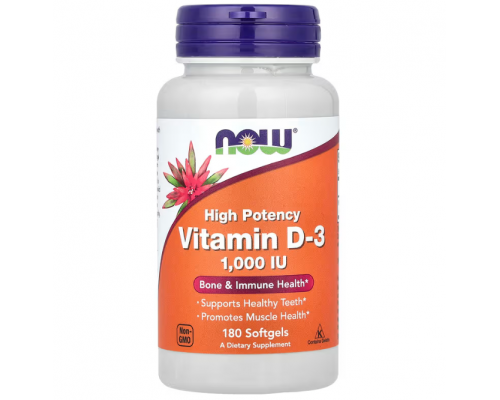 Витамин D-3, Vitamin D-3, NOW Foods, высокоэффективный, 1000 МЕ, 180 гелевых капсул