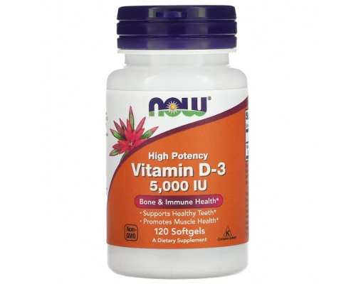 Витамин D-3, Vitamin D-3, NOW Foods, высокоэффективный, 125 мкг (5000 МЕ), 120 гелевых капсул