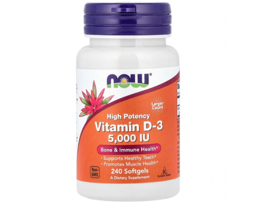 Витамин D-3, Vitamin D-3, Now Foods, высокоэффективный, 125 мкг (5000 МЕ), 240 гелевых капсул