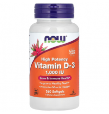 Витамин D-3, Vitamin D-3, NOW Foods, высокоэффективный, 25 мкг (1000 МЕ), 360 гелевых капсул