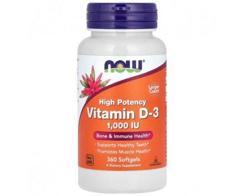 Витамин D-3, Vitamin D-3, NOW Foods, высокоэффективный, 25 мкг (1000 МЕ), 360 гелевых капсул