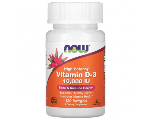 Витамин D-3, Vitamin D-3, NOW Foods, высокоэффективный, 10000 МЕ, 120 гелевых капсул