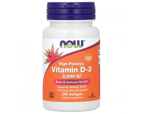 Витамин D-3, Vitamin D-3, NOW Foods, высокоэффективный, 50 мкг (2000 МЕ), 240 гелевых капсул