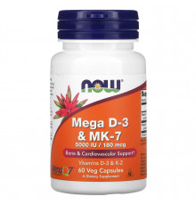 Витамин D3 и МК-7, Mega D-3 & MK-7, Now Foods, 180 мкг (5000 МЕ), 60 вегетарианских капсул