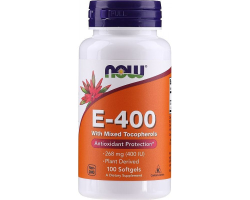 Витамин Е, E-400, Now Foods, со смешанными токоферолами, 268 мг (400 МЕ), 100 гелевых капсул