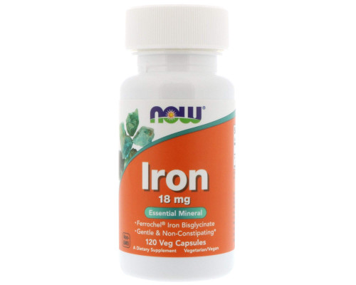 Железо, Iron, NOW Foods, 18 мг, 120 вегетарианских капсул