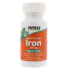 Железо, Iron, Now Foods, двойная сила, 36 мг, 90 вегетарианских капсул