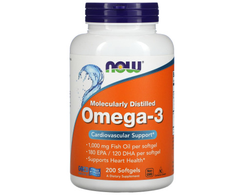 Омега-3, Omega-3, Now Foods, 180 ЭПК/ 120 ДГК, 200 гелевых капсул