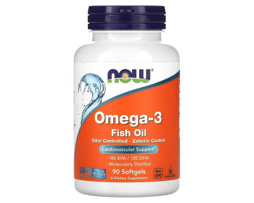 Омега-3 рыбий жир, Omega-3 Fish Oil, NOW Foods,  1000 мг, 180 ЭПК/ 120 ДГК, в кишечнорастворимой оболочке, 90 гелевых капсул