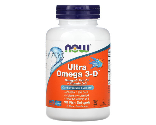 Омега-3 ультра + витамин D3, Ultra Omega 3-D, Now Foods, 600 EPA / 300 DHA, 90 рыбьих гелевых капсул