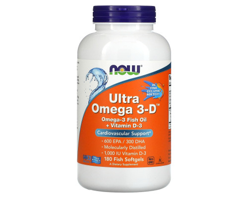 Омега 3-D Ультра, Omega 3-D, 600 EPA/300 DHA NOW Foods, 180 рыбных гелевых капсул