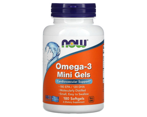 Омега-3, Omega-3 Mini Gels, Now Foods, 180 ЭПК/ 120 ДГК, 180 гелевых капсул