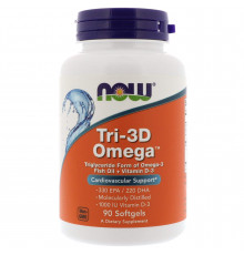 Рыбий жир в капсулах + D3, Tri-3D Omega, Now Foods, 330 EPA/220 DHA, 90 гелевых капсул