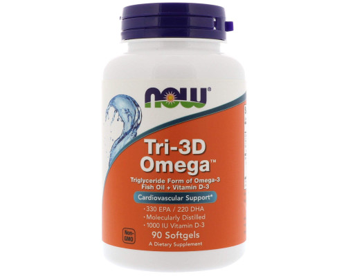Рыбий жир в капсулах + D3, Tri-3D Omega, Now Foods, 330 EPA/220 DHA, 90 гелевых капсул