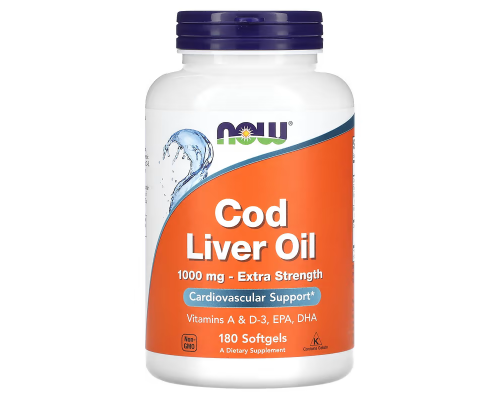 Рыбий жир из печени трески, Cod Liver Oil, Now Foods, 1000 мг, 180 гелевых капсул