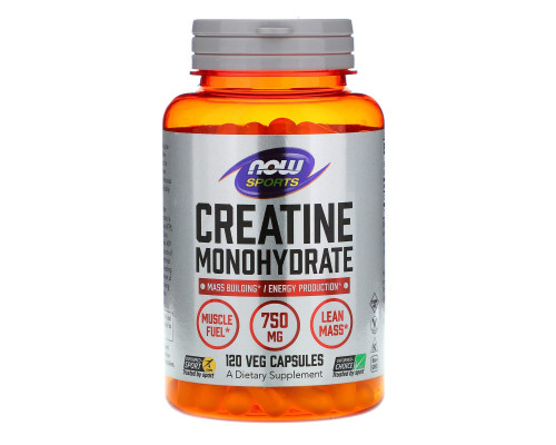 Креатин моногидрат, Creatine Monohydrate, Now Foods, Sports, 750 мг, 120 вегетарианских капсул