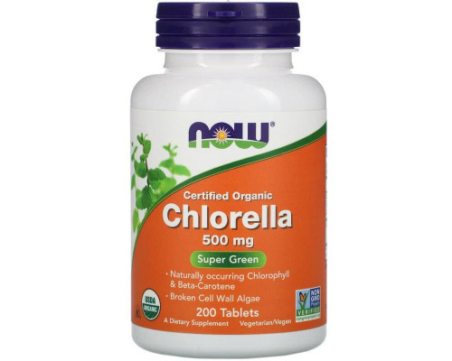 Хлорелла, Chlorella, NOW Foods, сертифицированная, органическая, 500 мг, 200 таблеток