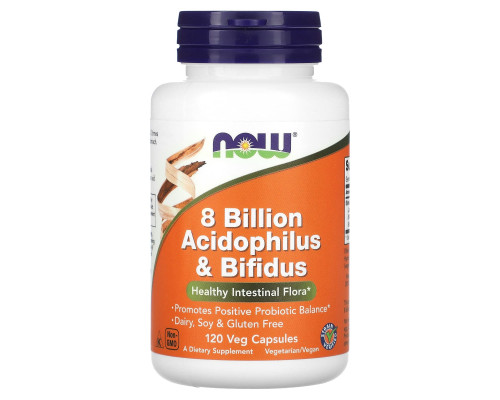Пробиотики, Acidophilus & Bifiduss, NOW Foods, 8 млрд КОЕ, 120 вегетарианских капсул