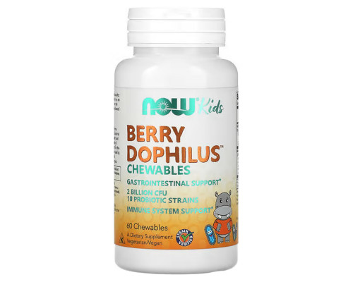 Пробиотики для детей, Berry Dophilus, Now Foods, вкус ягод, 2 млрд КОЕ, 60 жевательных таблеток