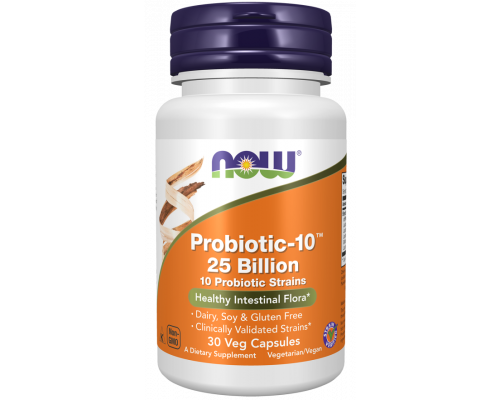 Пробиотик-10, Probiotic, Now Foods, 25 млрд КОЕ, с 10 пробиотическими штаммами, без молочных продуктов, сои и глютена, 30 капсул