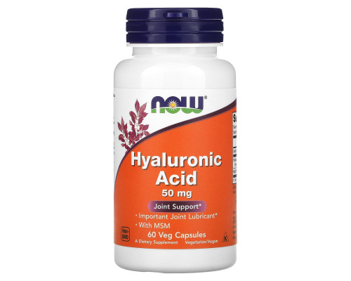 Гиалуроновая кислота и МСМ, Hyaluronic Acid, NOW Foods, 50 мг, 60 растительных капсул