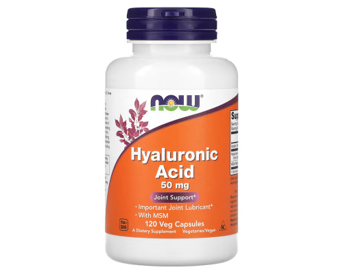 Гиалуроновая кислота с МСМ, Hyaluronic Acid With MSM, Now Foods, 50 мг, 120 вегетарианских капсул.