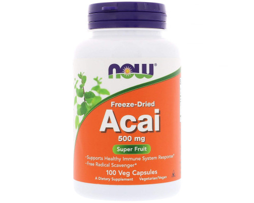 Асаи, Acai, Now Foods, сублимированные ягоды, 500 мг, 100 вегетарианских капсул