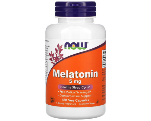 Мелатонин, Melatonin, Now Foods, 5 мг, 180 вегетарианских капсул