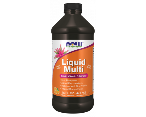 Мультивитамины, Liquid Multi, Now Foods, жидкие, без железа, тропический апельсин, 473 мл