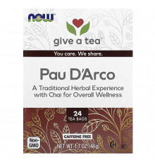 По д'арко, Pau D'Arco, Now Foods, Real Tea, без кофеина, 24 чайных пакетика, 48 г