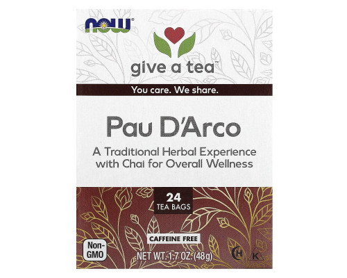 По д'арко, Pau D'Arco, Now Foods, Real Tea, без кофеина, 24 чайных пакетика, 48 г