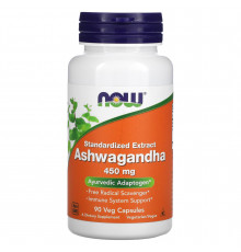 Ашваганда, Ashwagandha, Now Foods, стандартизированный экстракт, 450 мг, 90 вегетарианских капсул