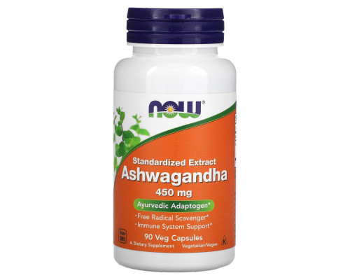 Ашваганда, Ashwagandha, Now Foods, стандартизированный экстракт, 450 мг, 90 вегетарианских капсул