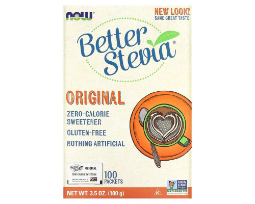 Стевия, BetterStevia, Now Foods, подсластитель с нулевой калорийностью, оригинальный, 100 пакетов, 100 г