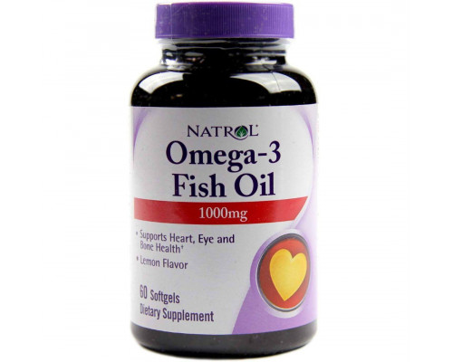 Омега-3, рыбий жир, Omega-3 Fish Oil, Natrol, лимонный вкус, 1000 мг, 60 гелевых капсул