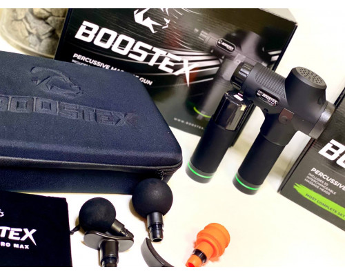 Ударний перкусійний масажер Boostex PRO MАХ-30 режимів +20 насадок +запасна батарея 2500am/h +кейс (Чорний)