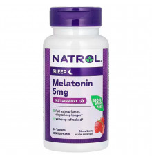 Мелатонин, Melatonin, Natrol, быстрорастворимый, вкус клубники, 5 мг, 90 таблеток
