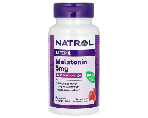 Мелатонин, Melatonin, Natrol, быстрорастворимый, вкус клубники, 5 мг, 90 таблеток