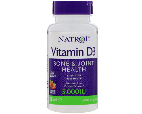 Витамин D3, Vitamin D3, Natrol, вкус клубники, 5000 МЕ, 90 таблеток