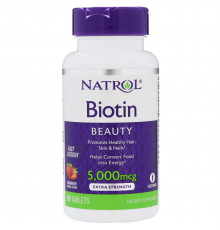 Биотин, Biotin, вкус клубники, Natrol, 5000 мкг, 90 таблеток