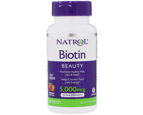 Биотин, Biotin, вкус клубники, Natrol, 5000 мкг, 90 таблеток