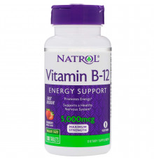 Витамин В12, вкус клубники, Vitamin B-12, Natrol, 5000 мкг, 100 таблеток
